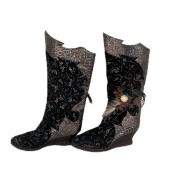 El Verquero luxury Italian embellished black wedge cowboy boots size 7 - Picture 2 of 6